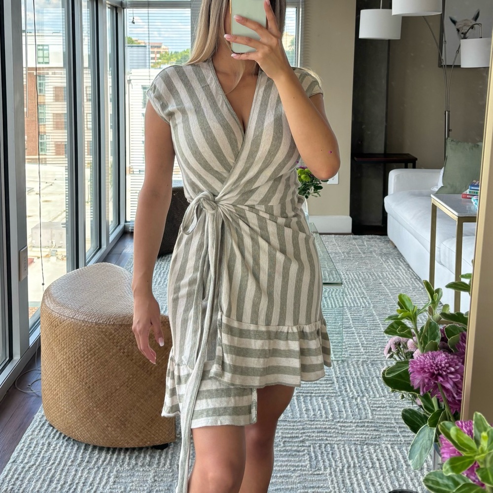 MANGO green & off-white striped wrap dress